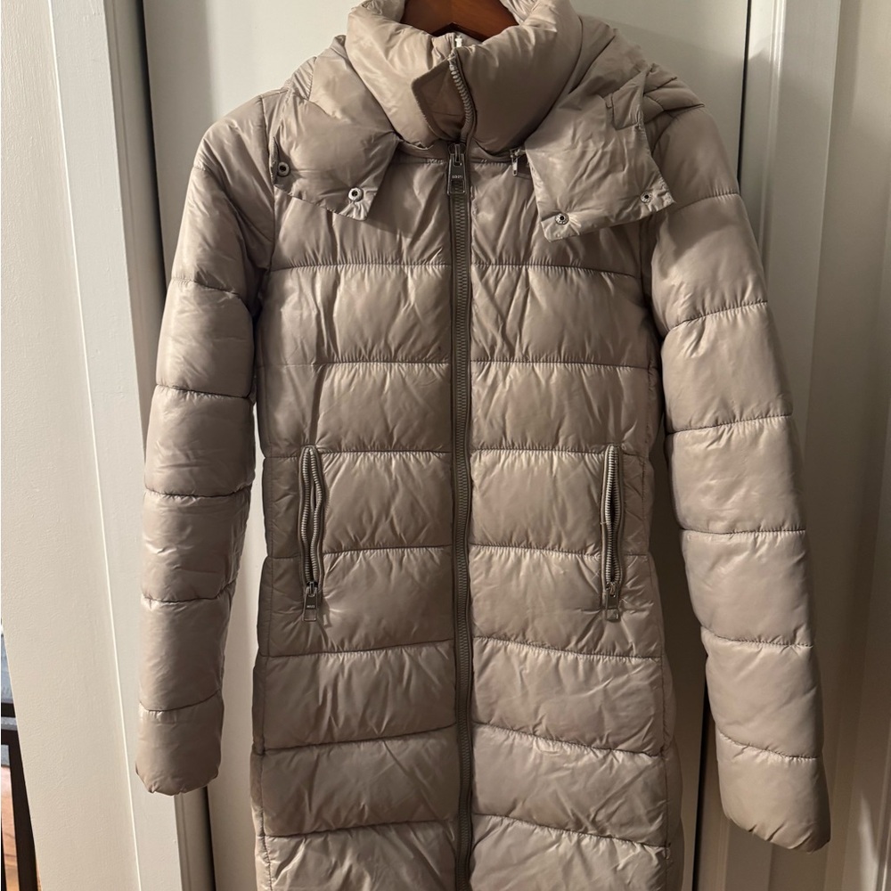 MANGO Light Gray Neutral Puffer Coat Hood Size Small Jacket